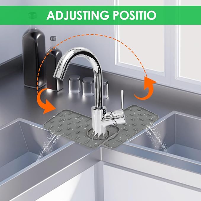 2Pcs Silicone Sink Faucet Splash Guard Mat, Soap Dish Pad Faucet Handle Drip Catch Sponge Holder Sink Protector Tray with Outlet & Slope for Bathroom Kitchen Countertop RV Gadget 8.3 x 5.3 Inch