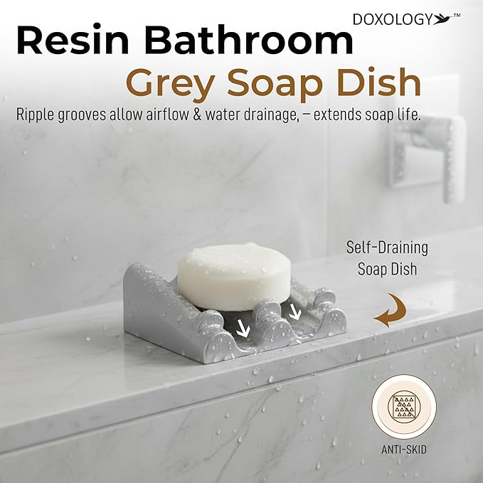 DOXOLOGY Gray Marble Soap Dish Bathroom Organizer - Resin Soap Dish with Rectangular Design 3.7" L x 2.8" W - Self Draining Soap Dishes Keeps Countertop Neat - Marble Look Soap Tray for Sink