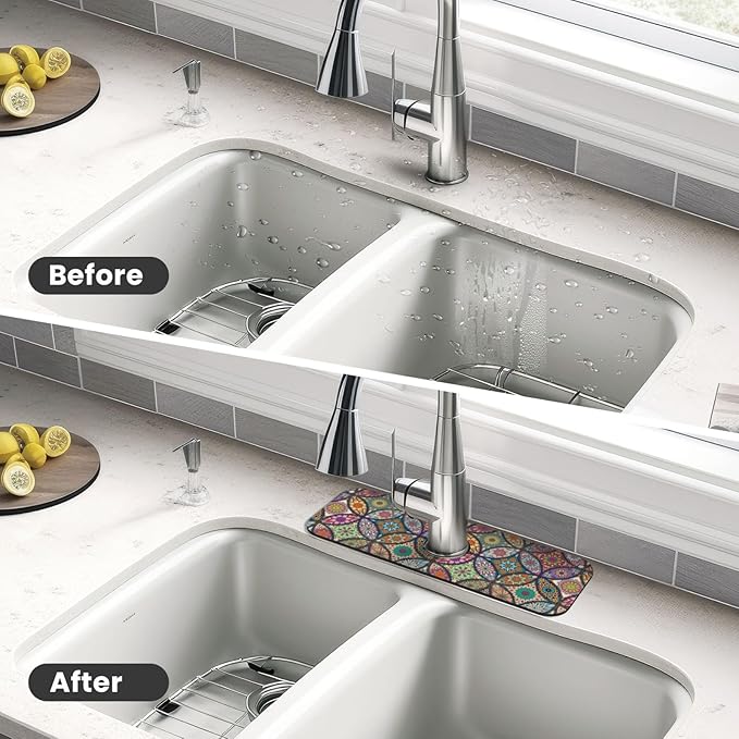 Boho Pretty Mandala Ceramic Rainbow Kitchen Sink Splash Guard Faucet Mat 1 Pcs, Absorbent Fast Drying Mat Gadgets Splash Guard For Bathroom 15 X 5.5 Inches