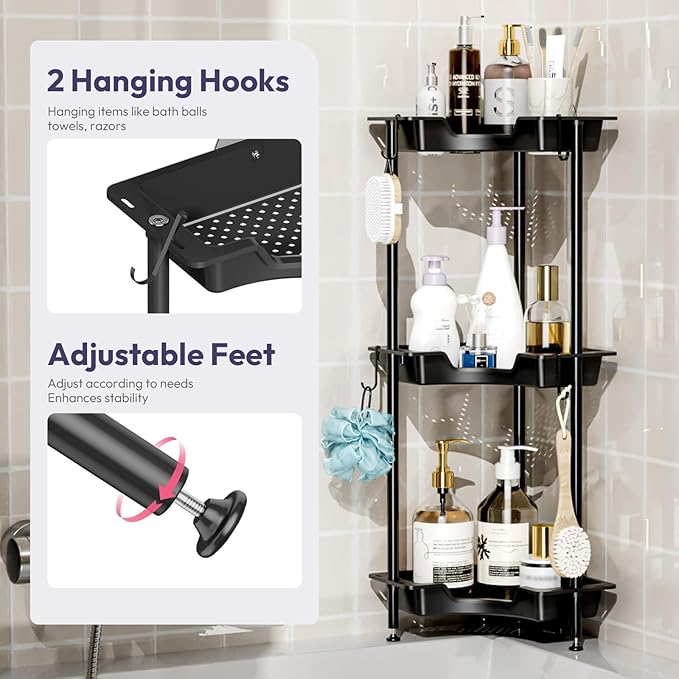 SWTYMIKI Corner Shower Caddy Standing - 3 Tier Rustproof Plastic Shower Caddy, Floor Corner Shelf, Free Standing Rack Storage Stands for Bathroom, Black