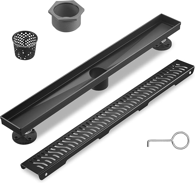 Sharp-tec Shower Drain, 32 inch Linear Shower Drain, Matte Black 304 Stainless Steel Rectangular Shower Floor Drain with Adjustable Leveling Feet, Hair Strainer, cUPC Certified, ST-103-32B
