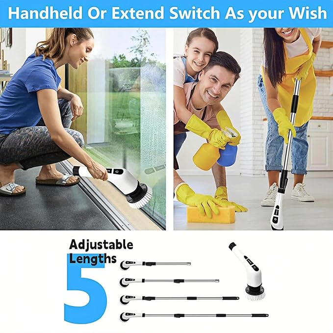 Floor Tile Toilet Brush Long Handle Bathroom Brush Cordless Electric Cleaning Brush with 8 Replaceable Brush Heads for Home ()