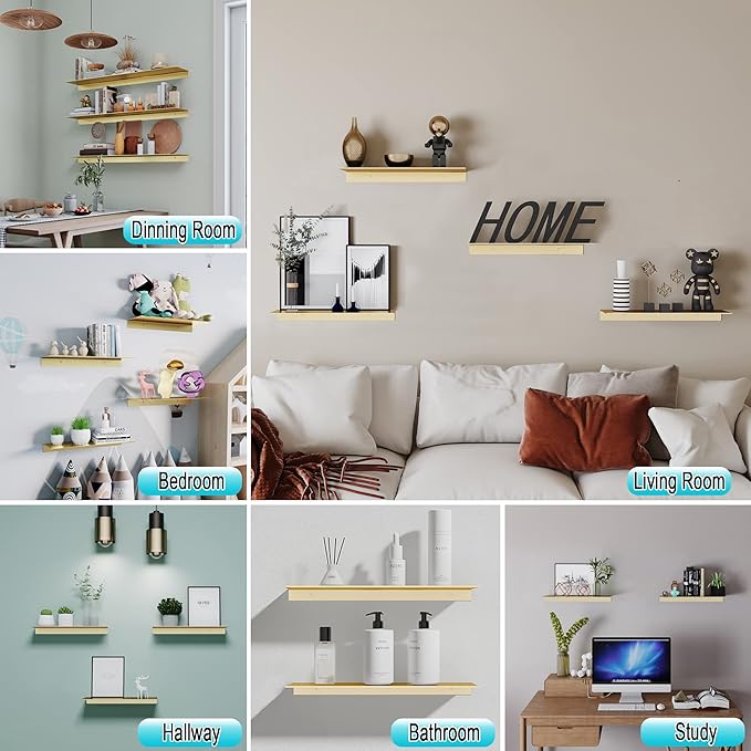 Metal Wall Shelves Set of 2, Brushed Gold Floating Shelf, 30CM Wall Decorative Shelf for Photos, Collectibles, Vases, Trinkets, Crafts, Trophy, etc. Shower Caddy