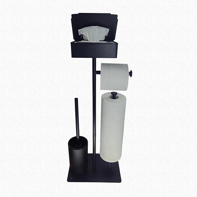 Black Freestanding Toilet Paper Holder with Brush | No Drill Bathroom Organizer Stand | Rustproof Metal Toilet Paper Stand with Anti-Slip Base and Storage & Brush Holder for Small Bathroom