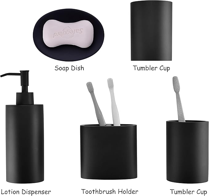 Matte Black 5 Piece Bathroom Accessories Set - Resin Countertop Kit with Soap Dispenser, Toothbrush Holder, 2 Tumbler Cups, Soap Dish