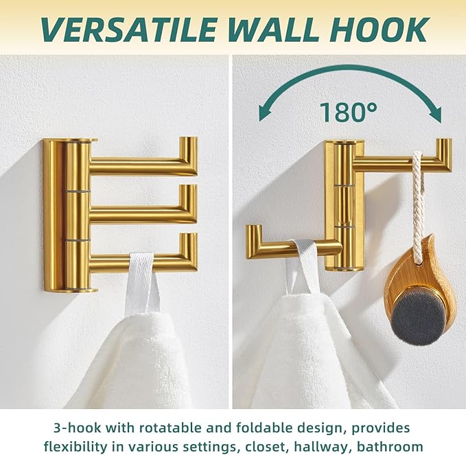 APLusee Swivel Towel Hook, 304 Stainless Steel Foldable Clothes Hook with Multi Three Rotating Arm, Flexible Bathroom Kitchen Storage Hanger Wall Mounted, Brushed Gold