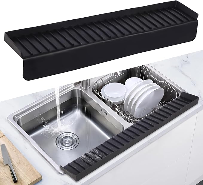 Kitchen Sink Splash Guard with Suction Cups, Kitchen Sink Mat, Non-Slip Silicone Sink Edge Protector, Water Splash Guard for Kitchen, Bathroom, Bathtub (Black, 4*20 in)