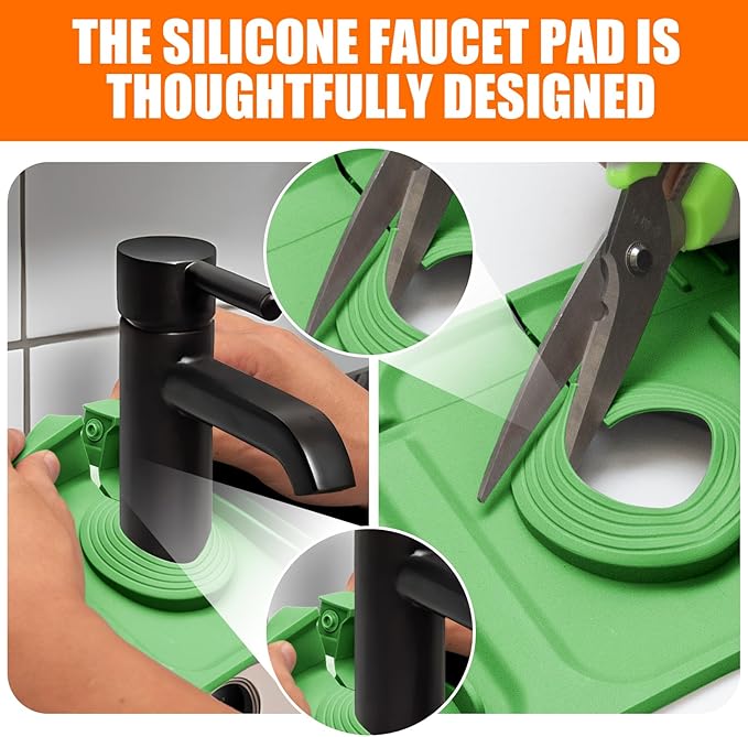 17.7" Green Button Style Faucet Drip Catcher – Silicone Faucet Mat for Kitchen Sink, Leak-Proof Splash Guard with 6° Slope | Behind Faucet Draining Mat Easy Gadgets for Bathroom Kitchen Countertops