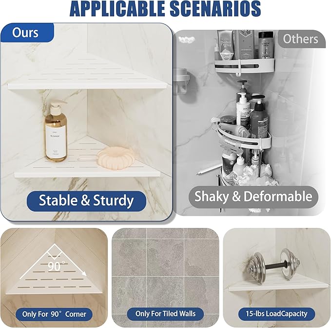 Neodrain 10 Inch Golden Corner Wall Shelf Set of 2, Floating Corner Shelves for Wall, 304 Stainless Steel Shower Storage Shelves for Bathroom,No Drilling