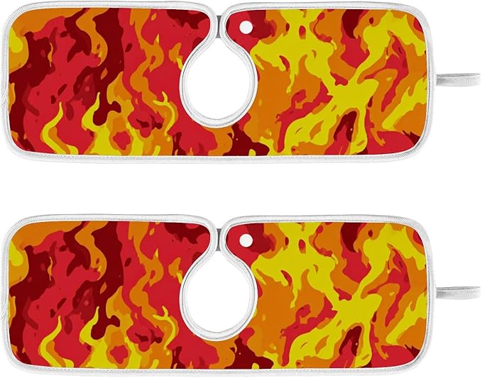 2 PCS Kitchen Sink Splash Guard 14.9 Inch Faucet Mat for Kitchen Sink Bathroom Sink Faucet Absorbing Drip Drain Mat Pad Microfiber Soft Washable Red and Yellow Flame