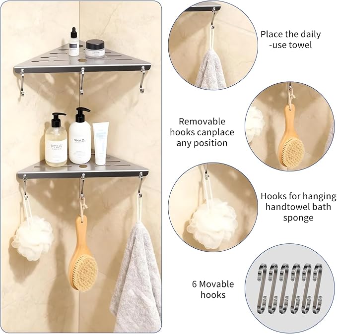 2 Pack Corner Shower Shelf,10" 304 Stainless Steel Bathroom Shelves Add 6 Hooks 40 lbs Heavy Duty Capacity Durable Bathroom Shower Shelf for Inside Shower Drilling Installation (Silver)