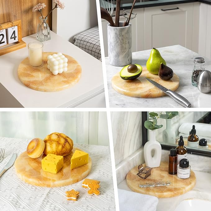 BCS Round Marble Vanity Tray for Bathroom Counter- 10 inch Natural Mexico Onyx Stone Tray for Perfume, Jewelry, Makeup Organizer, Luxury Dresser & Nightstand Decor