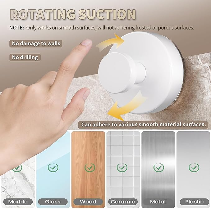 Suction Hooks for Shower, Mirror, Wall, Hanging Towels (White, 4 Pieces)