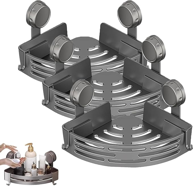 Triangle Suction Cup Shower Caddy, Corner Shower Shelves No Drilling, Upgrade Suction Cup Shower Organizer with Towel Bar & Hooks, Heavy-Duty Strong Hold (Gray, 3pcs)