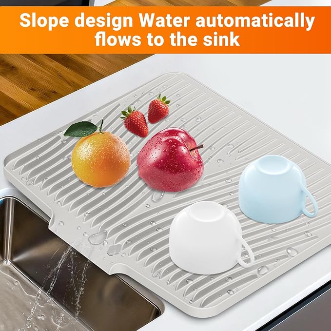 Silicone Dish Drying Mat for Kitchen Counter, 15.8" x 13"Dish Drying Pad, Non-Slip Drain Pad with Built-in Drain, Heat Resistant Stone Drying Mat, Cream