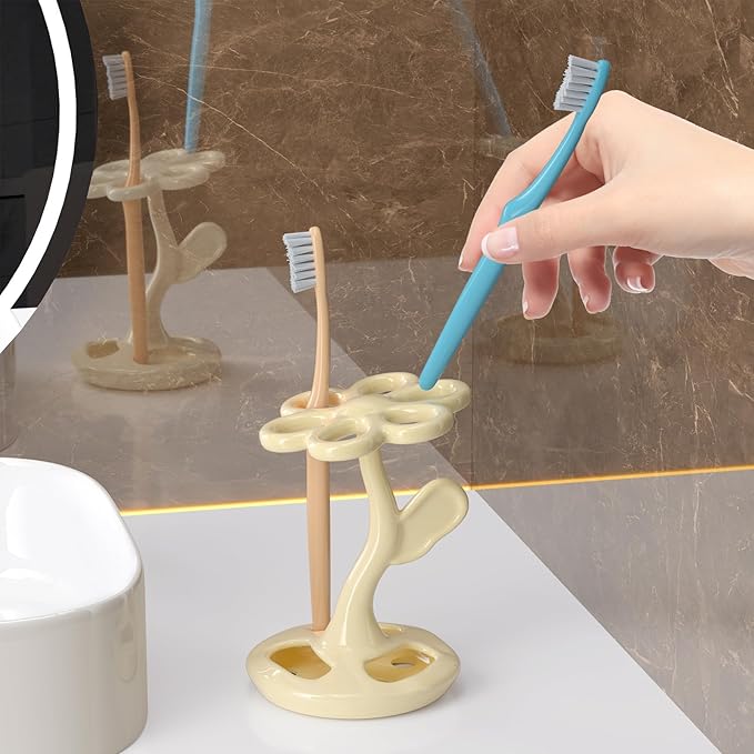 Toothbrush Holder for Bathroom, Flower Shape Ceramic Toothbrush Organiser, Holds 6 Standard Brushes (Mitch)