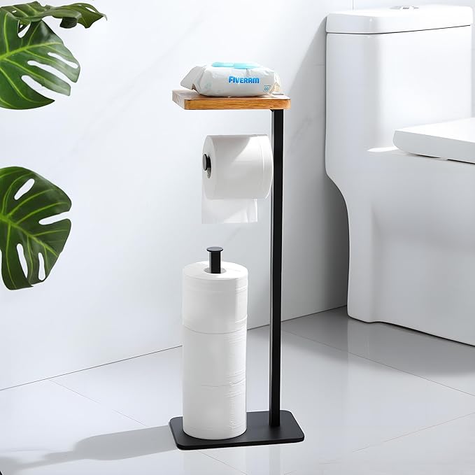 Holder Phone Toilet Paper Holder Stand - Toilet Paper Stand for 3 Rolls with Anti-Slip Base and Wood Shelf for Wipes, Natural Bathroom Decor