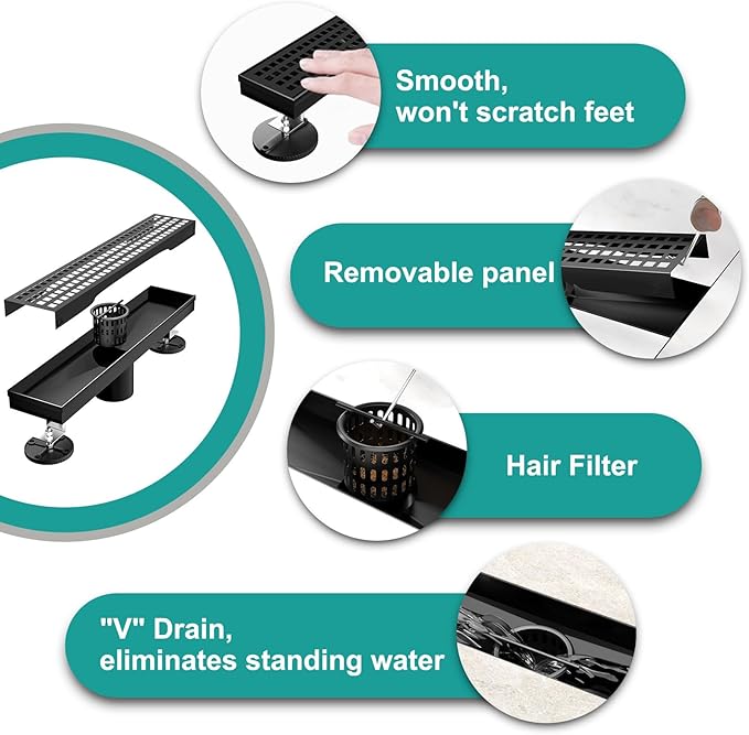 Linear Shower Drain 12 Inch Rectangular Floor Drain with Removable Square Hole Cover and Hair Catcher, Long Shower Drains 304 Stainless Steel CUPC Certified (Matte Black)