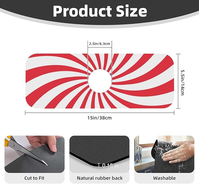 Christmas Red Swirl Peppermint Sugar Candy Kitchen Sink Splash Guard Faucet Mat 1 Pcs, Absorbent Fast Drying Mat Gadgets Splash Guard For Bathroom 15 X 5.5 Inches
