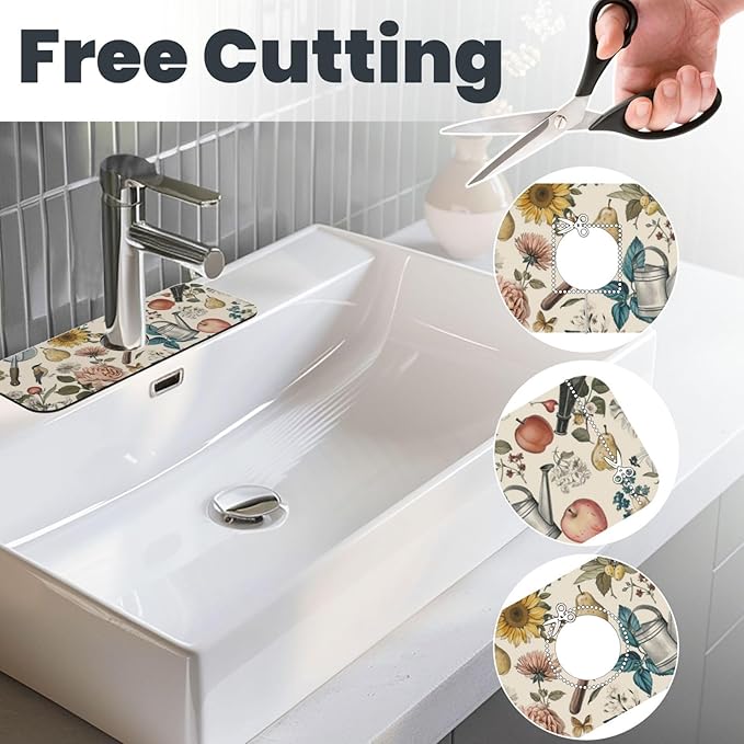 Faucet Draining Mat For Kitchen Sink, Roses Daisies Fruits Garden Diatom Mud Absorbent Drain Pad For Bathroom Kitchen Sink Splash Guard Drying Mat