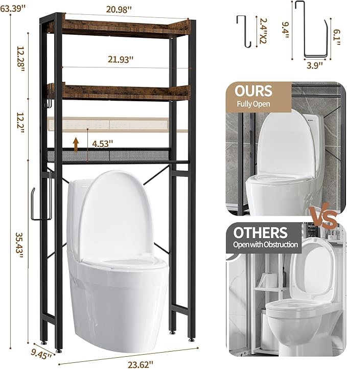Housolution Over The Toilet Storage with 2 Drawers, 3 Tier Over Toilet Bathroom Organizer with Height Adjustable Shelves and Hooks, Space Saver Above Toilet for Bathroom/Restroom/Laundry, Black+Brown