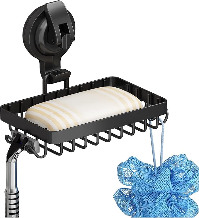 Soap Holder Shower, Suction Cup Soap Dish for Shower with 4 Hooks, 304 Stainless Steel, Black