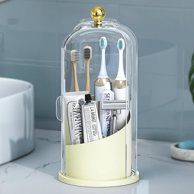 Delamu Toothbrush Holders with 360° Smooth Rotating Base, 3 Slots Bathroom Organizer Countertop with Sliding Lid, Brush Toothpaste Holder Makeup Brush Organizer for Vanity, Creamwhite