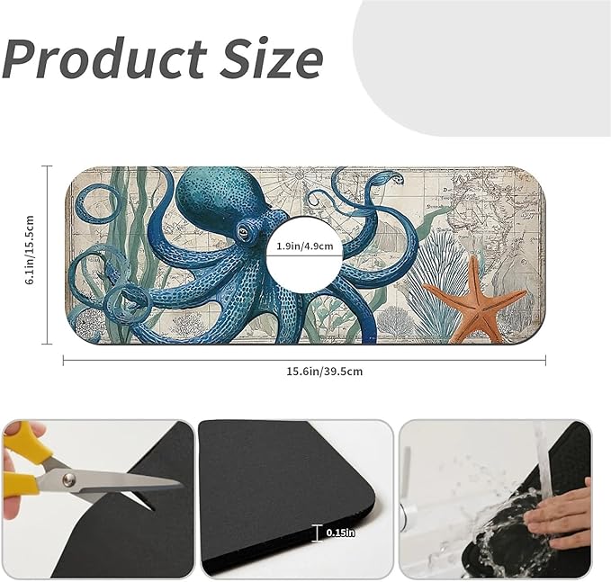 Kitchen Sink Splash Guard，Blue-octopus Faucet Mat Sink Gadgets-Super Absorbent Fast Drying Mat Drip Catcher for Kitchen, Bathroom,Sink Mat, Dish Drying Mat, Bathroom(15" X 5.5" )