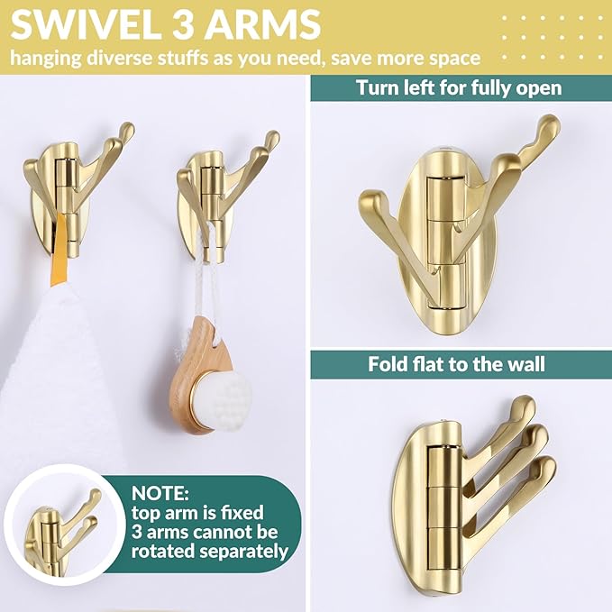 APLusee Swivel Robe Towel Hook 2 PCS Brushed Gold, Metal 3 Arms Folding Clothes Hook, Flexible Bathroom Home RV Storage Holder, Wall Mounted