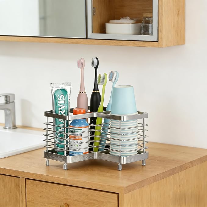 MYITYARD Toothbrush Holders for Bathrooms, Stainless Steel Electric Toothbrush and Toothpaste Organizer, Toothpaste Holder Stand, Bathroom Accessories for Countertop, 3 Slots Silver