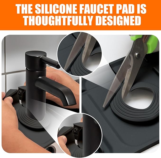 24" Black Longer Silicone Faucet Mat – Quick-Dry Button Style Drip Catcher 6° Slope Splash Guard | Easy-to-Use Behind Faucet Drain Mat for Kitchen & Bathroom Countertops