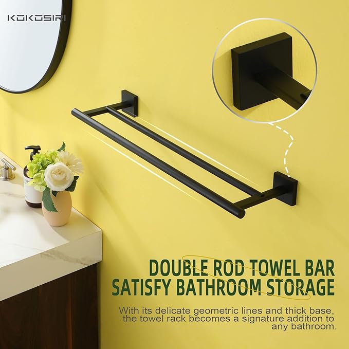 KOKOSIRI Towel Rails Bathroom Double Towel Bars Matte Black 20 Inch Towel Holder for Bath Cabinet Kitchen Wall Mount Stainless Steel B5005BK-L20