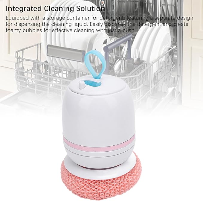 Electric Dish Brush, Cordless, ABS Material, USB Rechargeable, with Storage Container, 4.7x3.3 Inch, Plant Fiber Brush Head (Pink)