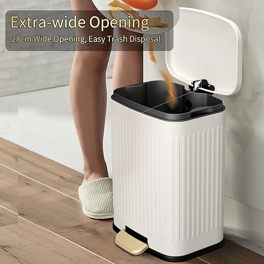 MRBIN Metal Bathroom Trash Can with Lid, Step Small Kitchen Waste Basket Touchless Soft Close, 12L / 3.2gal Rectangle Garbage Bucket with Stainless Steel Pedal for Office, Bedroom Accessories, White