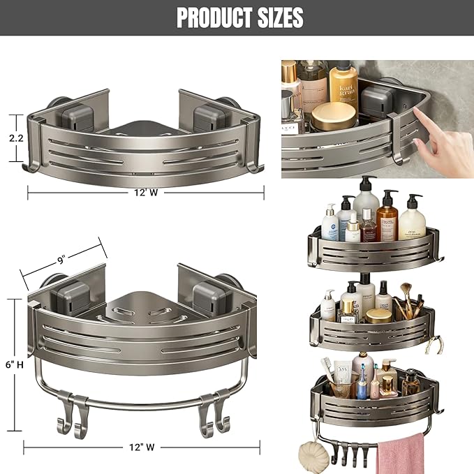 3Pcs Corner Shower Shelf Caddy Suction Cup, No Drill Hole with Towel Bar and Hook, Gray Bathroom Storage Rack, Zero Drill Triangle Shelves, Store Toiletries and Bath Towel for Bathroom Kitchen RV