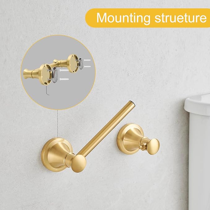 BESy Wall Mounted Toilet Paper Roll Holder Rustproof Tissue Paper Holder Bathroom Flexible Pivoting Tissue Handle Toilet Tissue Roll Holder, Brushed Gold, Stainless Steel