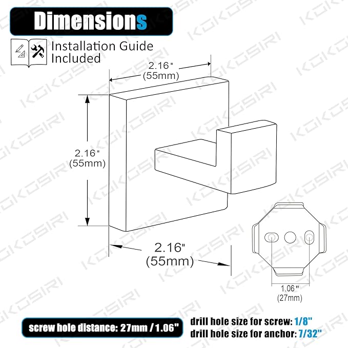 KOKOSIRI Bath Towel Hook Wall Mounted Square Robe Hook Coat Hook Bathroom Kitchen Garage Heavy Duty SUS 304 Stainless Steel 3 Pack Matte Black B1010BK-P3