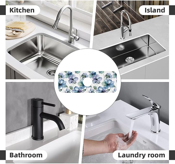 Abstract Flower Blooming Floral Watercolor Kitchen Sink Splash Guard Faucet Mat Super Absorbent Fast Drying Mat Sink Gadgets-Fast Drying Pad Sink Mat For Kitchen Bathroom (15" X 5.5" )
