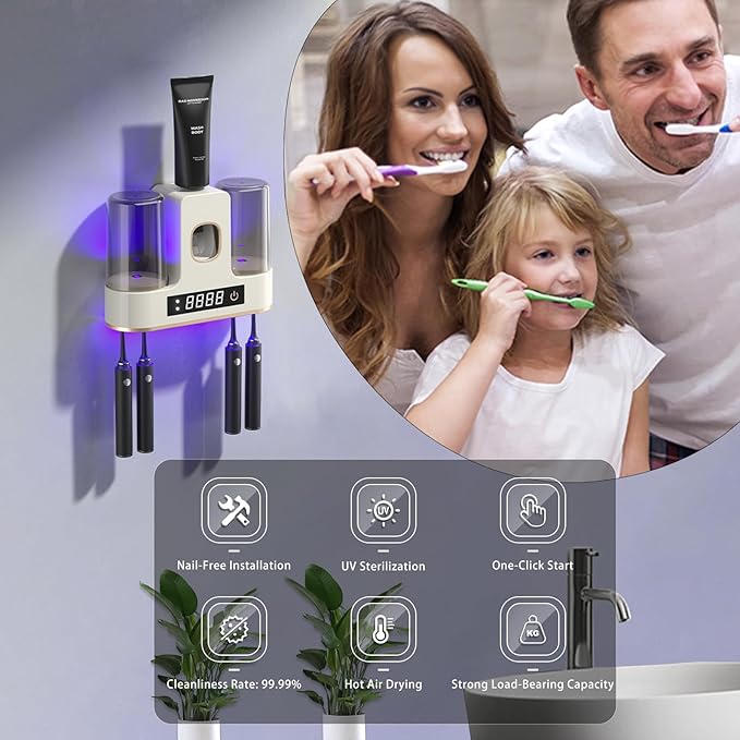 Electric Toothbrush Holders for Bathrooms, Dustproof Smart Toothbrush Holder Wall Mounted - 4 Brush/2 Cups, Auto Toothpaste Dispenser, Hot Air Drying & LCD Display,Toothbrush Cleaner (White)