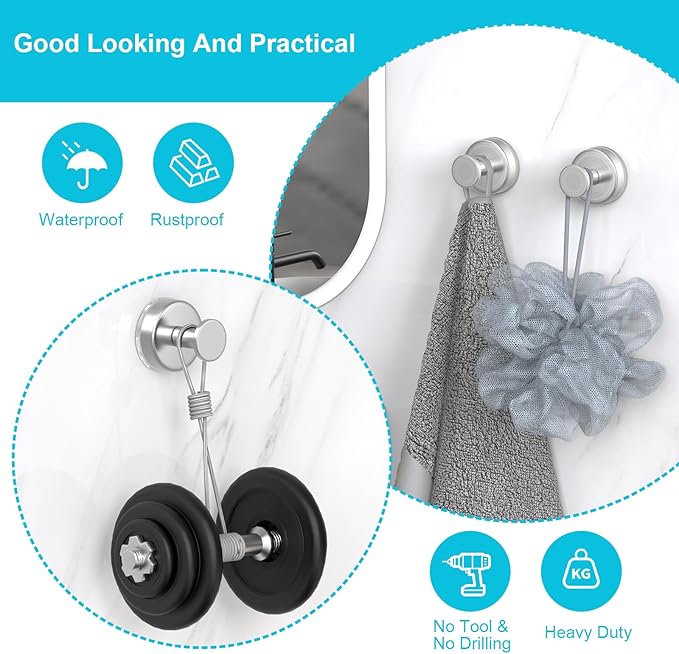 HUFEEOH 4-Pack Silver Shower Suction Hooks - Heavy Duty Vacuum Hooks for Bathroom, Kitchen, Glass & Tile - No Drill Removable Hanging Solution for Towels, Robes and Shower Accessories