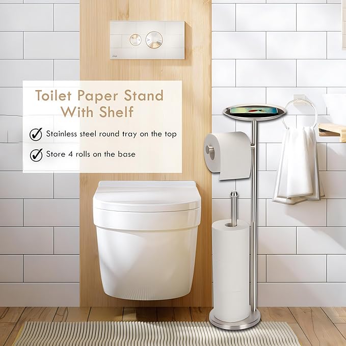 Toilet Paper Holder Freestanding with Big Shelf, 4 Rolls Reserve Paper Holder Stand, Modern Paper Roll Holder with Storage Space for Phones (Brushed Nickel)