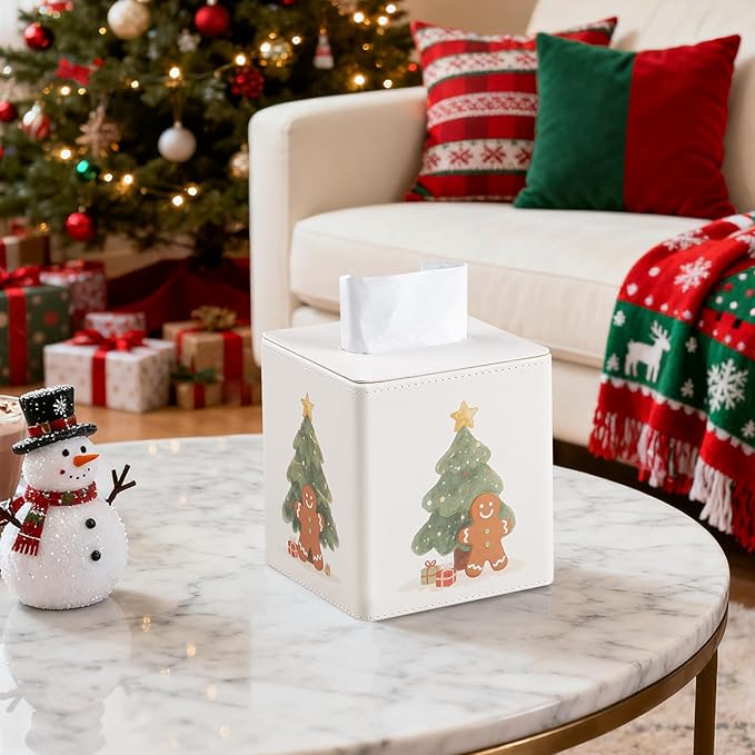 PU Leather Tissue Box Cover Square Tissue Box Holder with Magnetic Closure (Christmas Style)