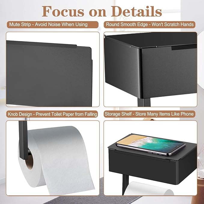 Toilet Paper Holder with Shelf - SUS304 Stainless Steel Toilet Paper Storage with Wipes Dispenser & Toilet Paper Roll Holder Wall Mount for Bathroom Storage, No Drill to Install - Matte Black