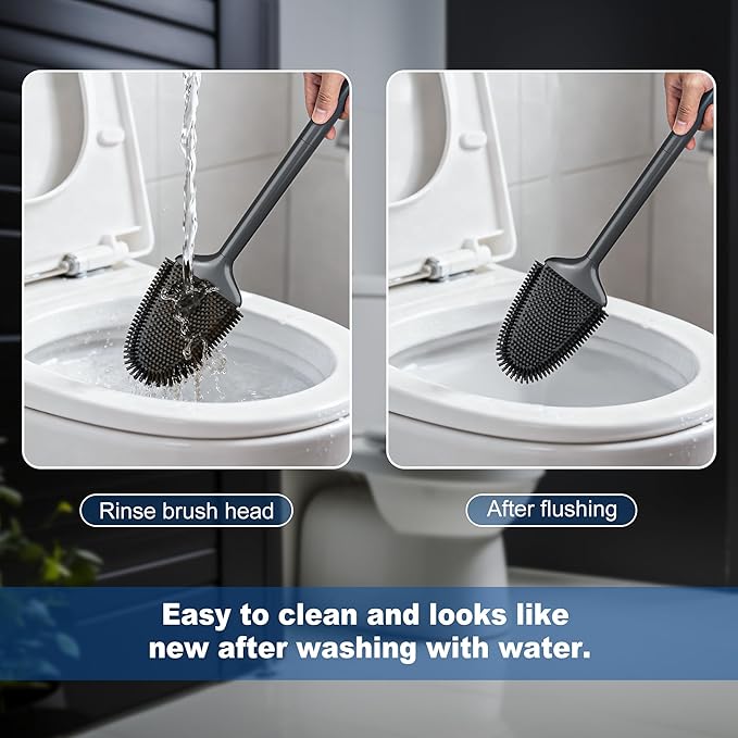 Toilet Brush and Holder Set - Flexible Silicone Toilet Bowl Scrubber Brush, Compact Bathroom Brush with Ventilation Base, Black
