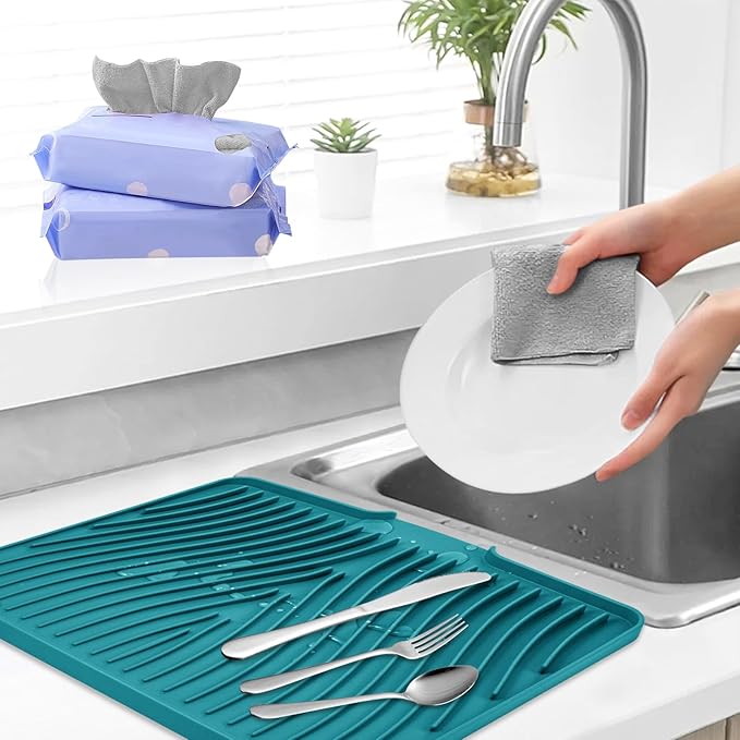 Silicone Dish Drying Mat, Stone Drying Mat for Kitchen Counter with Built-in Drain, Non-Slip 16" X 12" Drying Matt Kitchen Counter and Grey Microfiber Cleaning Cloth, Cleaning Rags Set(Green)