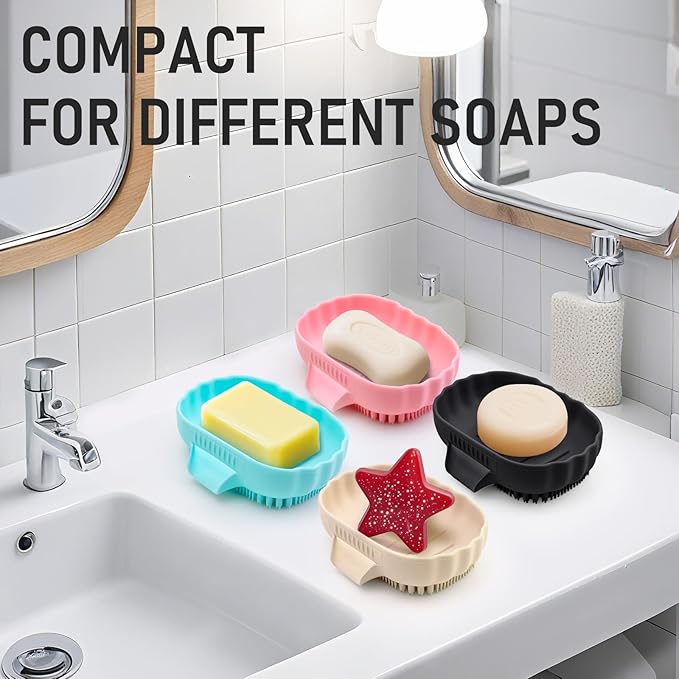 Silicone Soap Dish with Drain 2 Pcs, Anti-Slip Bathroom Bar Soap Holder Dishes Self Draining Waterfall Saver Plate for Shower Sink - Unique Bottom Brush Easy Dry & Clean (Black +Lavender Grey)