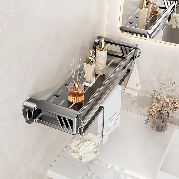 12" Shower Caddy Suction Cup, Concealed Shower Shelves Suction Cup with Hooks & Towel Bar, NO-Drilling Suction Shelf for Bathroom & Kitchen - Gray