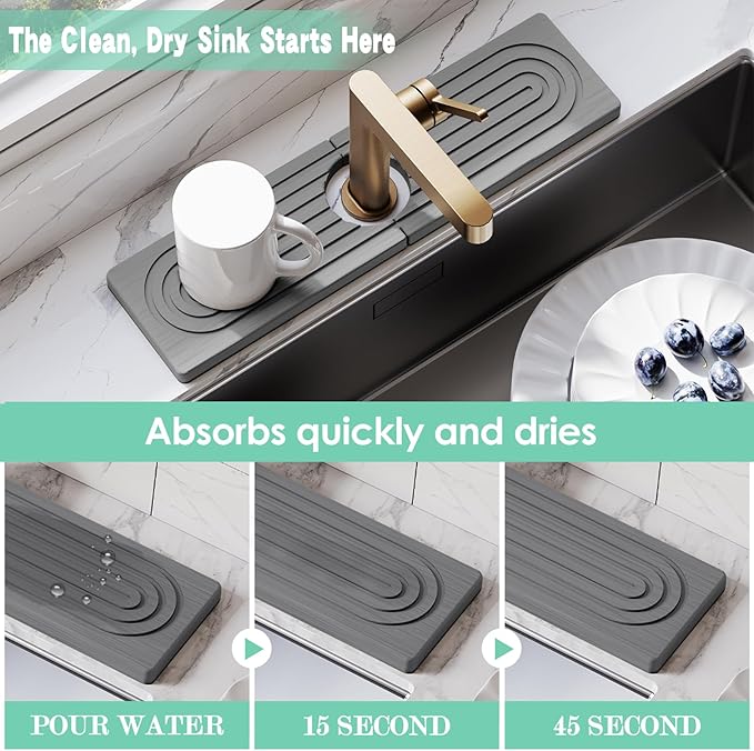 15.7'' Long Stone Faucet Mat for Kitchen Sink-Diatomite Quick Dry Kitchen Sink Splash Guard,Super Absorbent,Drying Stone Sink Tray,Sink Stone Quick Dry Around Faucet For Bathroom Counter (Dark Gray)