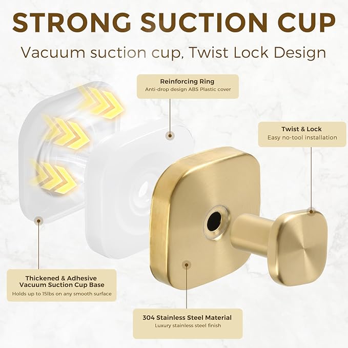 Suction Cup Hooks for Shower, No-Drill Towel Hooks for Bathrooms, Kitchen, Glass Door, Mirror, Tile, Shower Suction Hooks for Hanging Towels, Robe, Loofah, Christmas Wreath (Gold, 2 Pack)