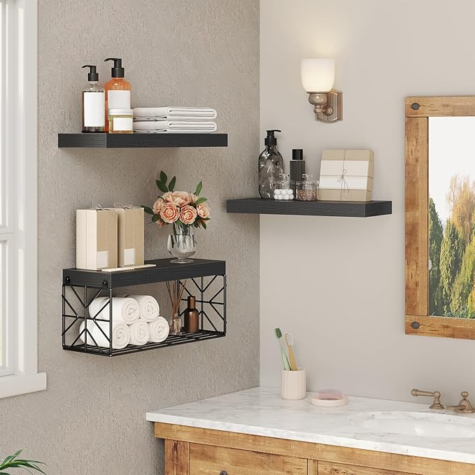 Bathroom Shelves Over Toilet Set of 3, Floating Shelves for Wall Toilet Paper Storage, 1.5" Thick Hanging Shelf, Farmhouse Wall Decor for Bathroom, Living Room, Office, Kitchen, Black 4001BJBB